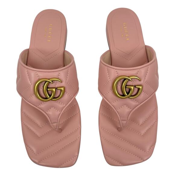 Gucci GG Logo Marmont Leather Thong Flat Sandals Pink Gold Size 37.5 - Picture 2 of 14